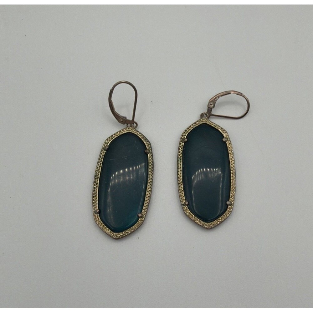 Teal Oval Cabochon Dangle Earrings 925 Sterling Silver Hooks Gold Tone